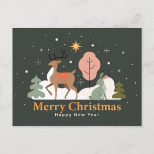 Tranquil Christmas Eve with Reindeer and Rabbit Holiday Postcard