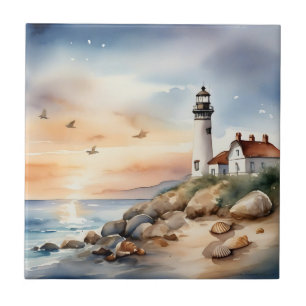 Tranquil Coastal Landscape Watercolor Lighthouse Ceramic Tile
