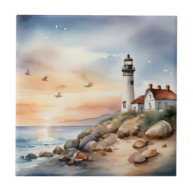 Tranquil Coastal Landscape Watercolor Lighthouse Ceramic Tile (Front)
