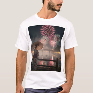 Tranquil Colors – A Yukata Girl and Fireworks T-Shirt