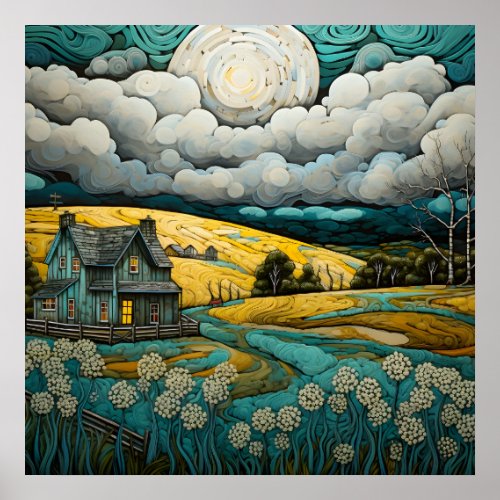 Tranquil Countryside Scene With Charming Farmhouse Poster