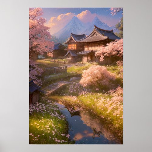 Tranquil Countryside Village in Full Bloom Poster