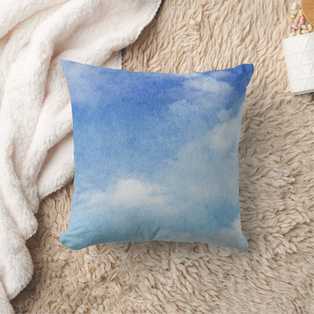 Tranquil Custom Sky Dreams Watercolor Blue & White Throw Pillow (Blanket)
