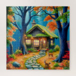 Tranquil Dawn in a forest Jigsaw Puzzle<br><div class="desc">Immerse yourself in the magic of an autumn forest with this captivating jigsaw puzzle. Assemble the pieces to reveal a charming cabin nestled among towering trees with vibrant fall foliage. The scene is illuminated by the warm glow from the cabin's windows, and a stone pathway leads to its door. Encounter...</div>
