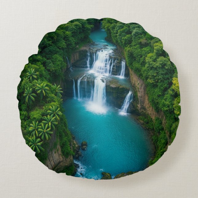 "Tranquil Falls  – Nature’s Hug in Every  Round Pillow (Front)