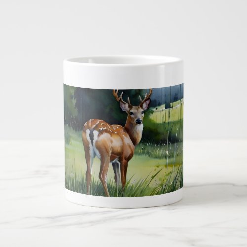 Tranquil Forest Grazing Watercolor Deer Clip Art Giant Coffee Mug