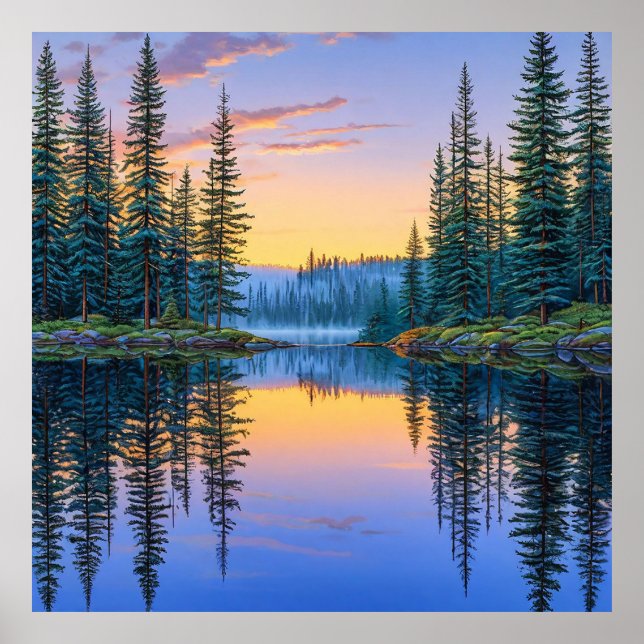 Tranquil Forest Lake at Sunset Poster (Front)