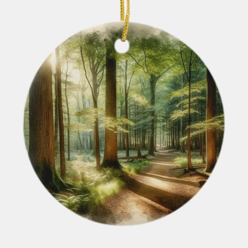 Tranquil Forest Path  Peaceful Nature Art Ceramic Ornament