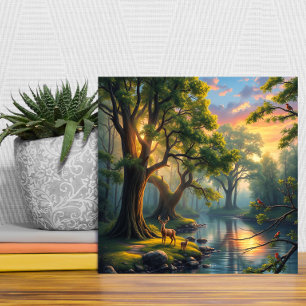 Tranquil Forest Serenity at Dawn Nature Artwork Ceramic Tile