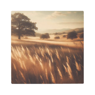 Tranquil Golden Field Scene with Vintage Aesthetic Metal Print