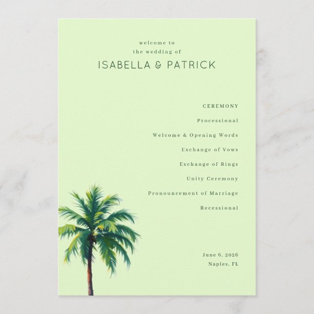 Tranquil Green Palm Tree Wedding Ceremony Schedule Program (Front)