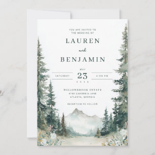 Tranquil Green Watercolor Mountain Trees Invitation