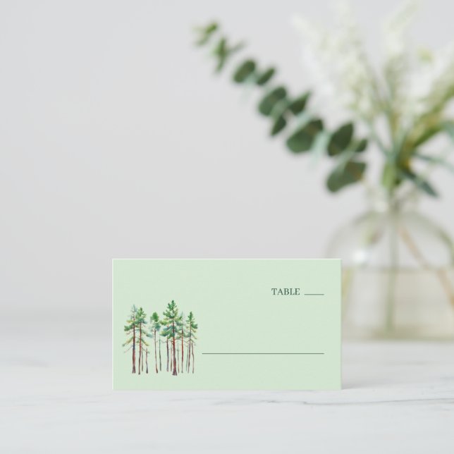 Tranquil Green Watercolor Pine Trees Place Card (Standing Front)