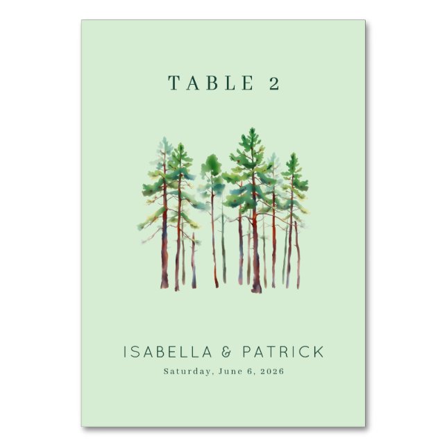 Tranquil Green Watercolor Pine Trees Table Number (Front)