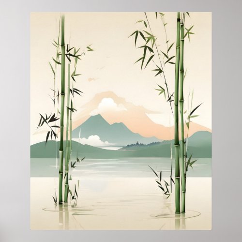 Tranquil Harmony Bamboo by the Mountain Lake Poster