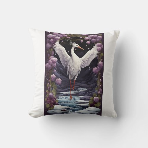 Tranquil Harmony Crane Grape and Snowfall Valle Throw Pillow