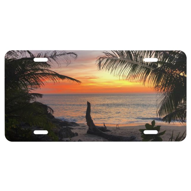 Tranquil Hawaiian Tropical Island Beach Sunset License Plate (Front)