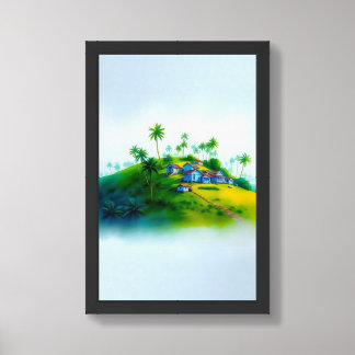 Tranquil Hillside Village Watercolor Art Framed Art