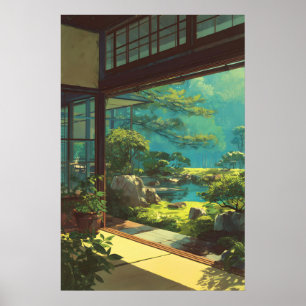 Tranquil Japanese Garden View Print - Bright Green