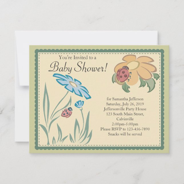 Tranquil Ladybugs Neutral Baby Shower Invitations (Front)