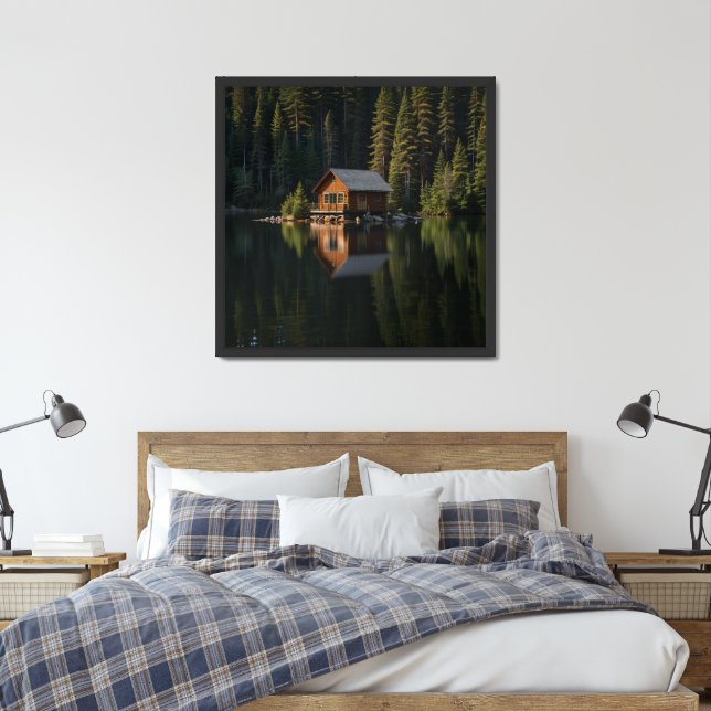 Tranquil Lakeside Cabin: Serene Nature Reflection  Framed Art (Bedroom)