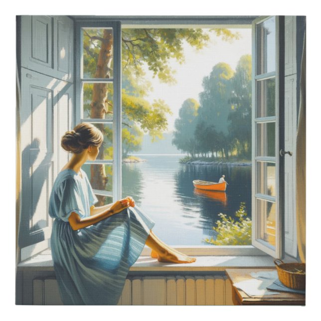 Tranquil Lakeside Retreat: Serene Window View Faux Canvas Print (Front)