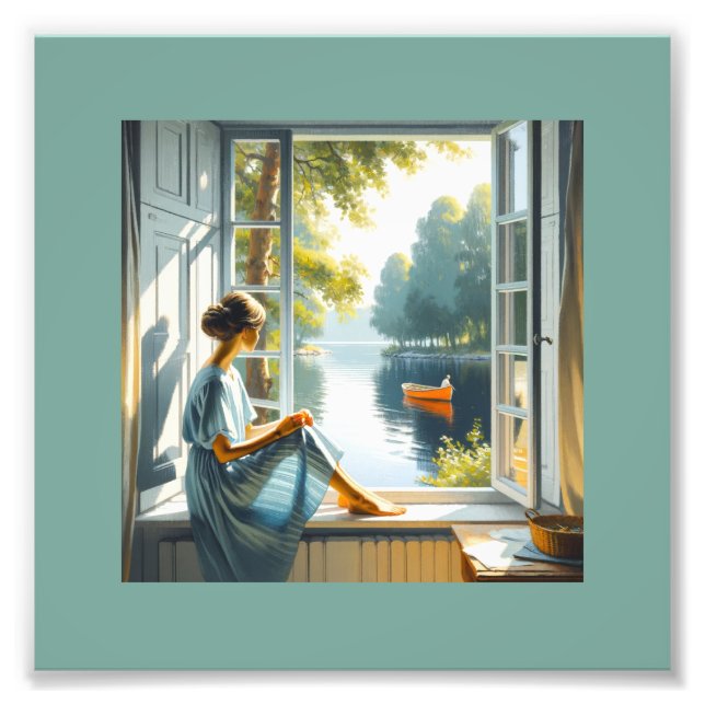 Tranquil Lakeside Retreat: Serene Window View Photo Print (Front)