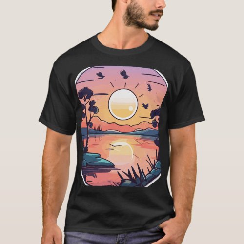 Tranquil Lakeside Sunrise Amidst Misty Forest T_Shirt