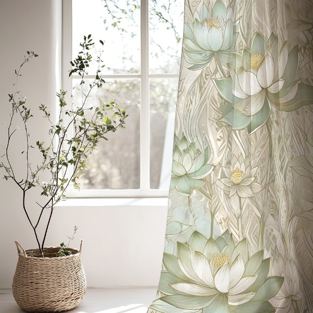 Tranquil Lotus Blossom Nouveau Sage Green Ivory Sheer Curtains (Creator Uploaded)