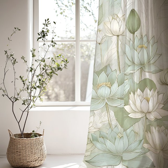 Tranquil Lotus Blossom Nouveau Sage Green Ivory Sheer Curtains (Creator Uploaded)