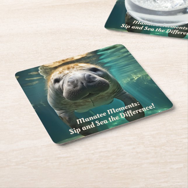 Tranquil Manatee Embrace: Customizable Hug Hub  Square Paper Coaster (Angled)