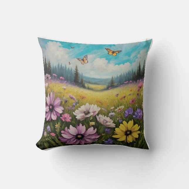Tranquil Meadow Scene pelow Butterflies and Flower Throw Pillow (Front)