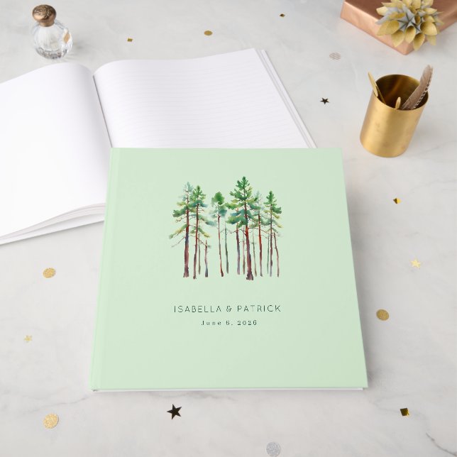 Tranquil Mint Watercolor Pine Trees Guest Book (Front Open)