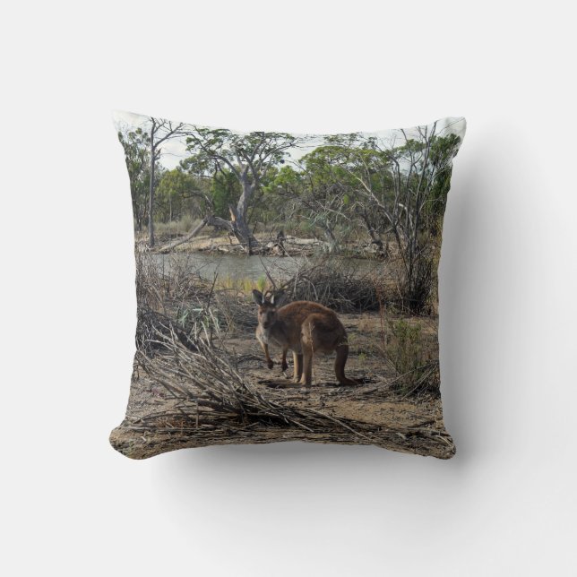 Tranquil Moment: Australian Kangaroo at Billabong Throw Pillow (Front)