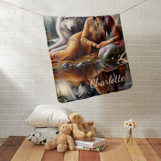 Tranquil moment: Indian woman and wolf Baby Blanket (In Situ)