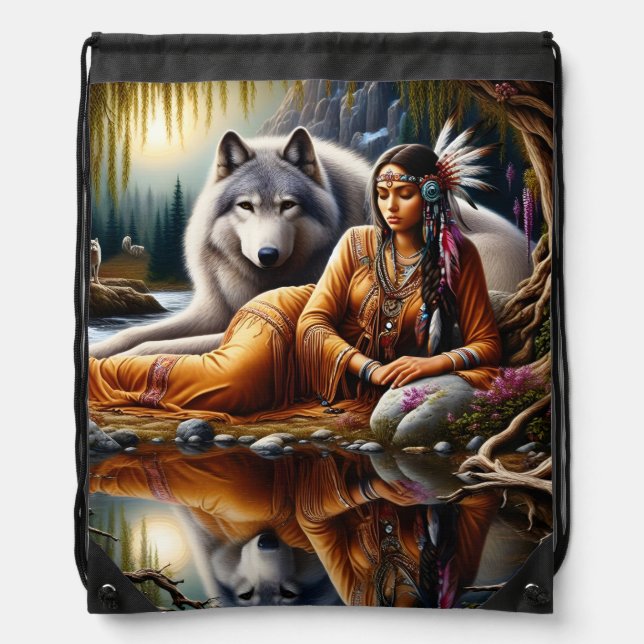 Tranquil moment: Indian woman and wolf Drawstring Bag (Front)