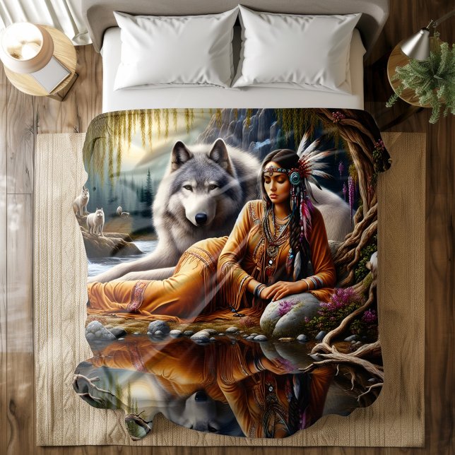Tranquil moment: Indian woman and wolf Duvet Cover (Creator Uploaded)