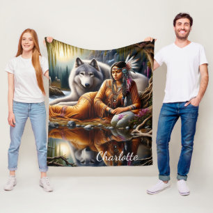 Tranquil moment: Indian woman and wolf Fleece Blanket