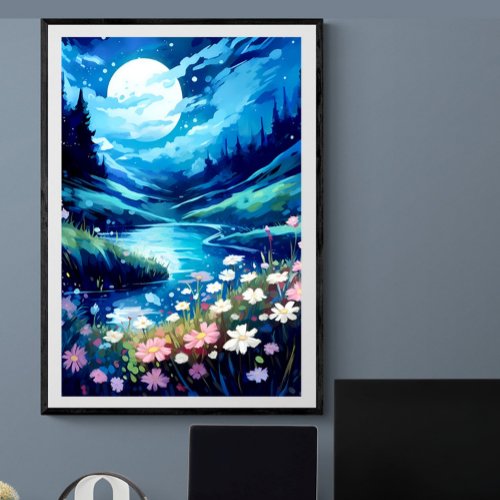 Tranquil moon night floral stream landscape  Ai Poster