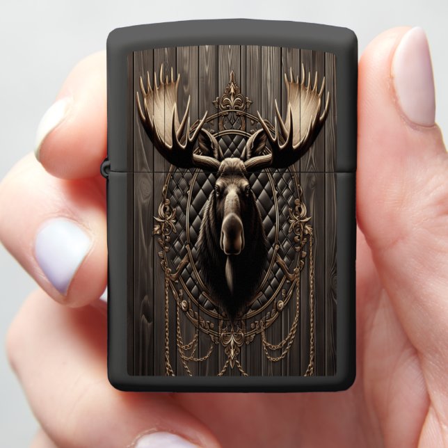 Tranquil Moose Leather Painting with Gold Zippo Lighter (In Hand)