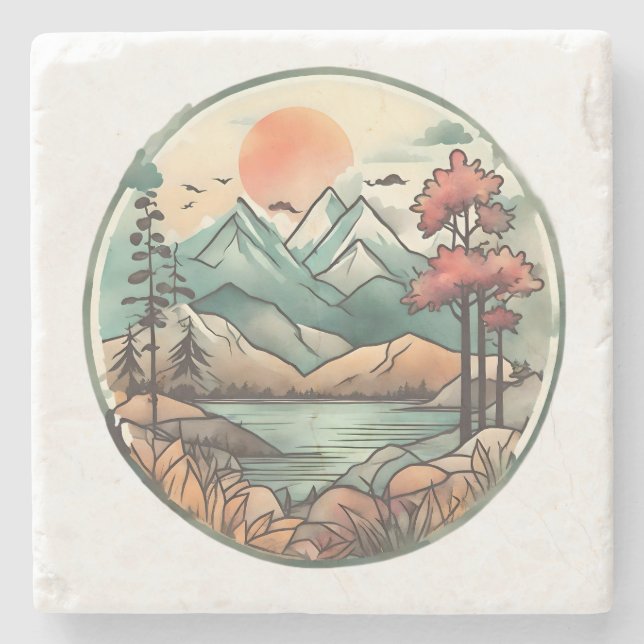 Tranquil Mountain Lake Stone Coaster (Front)