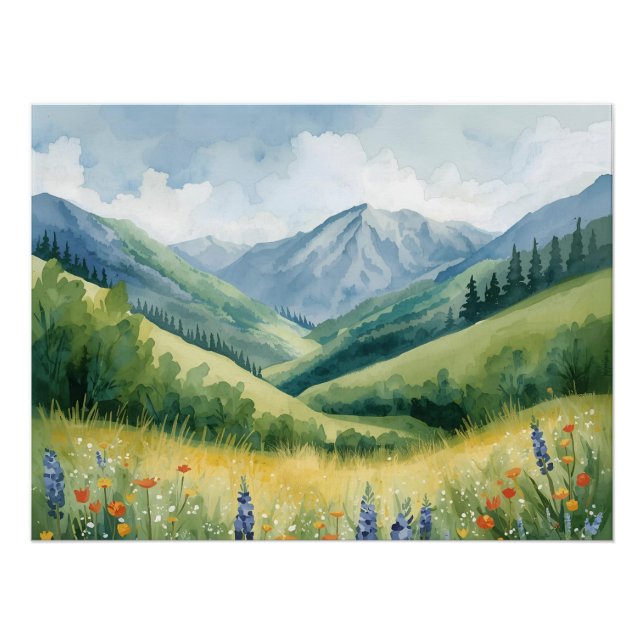 Tranquil Mountain Meadow – Watercolor Nature Wall  Poster (Front)
