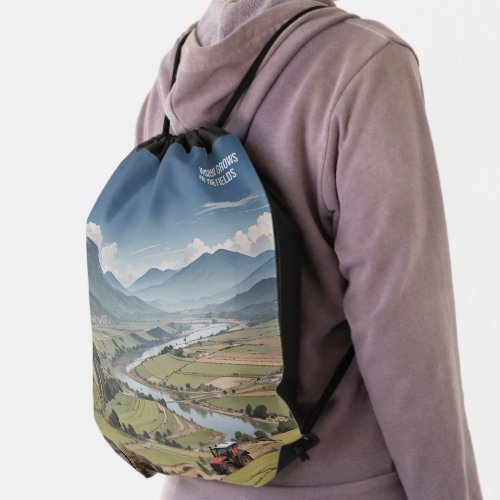 Tranquil _ Mountain Range River Farm Painting Drawstring Bag