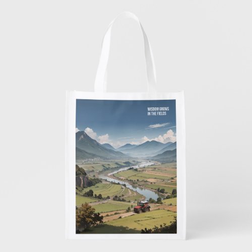 Tranquil _ Mountain Range River Farm Painting Grocery Bag