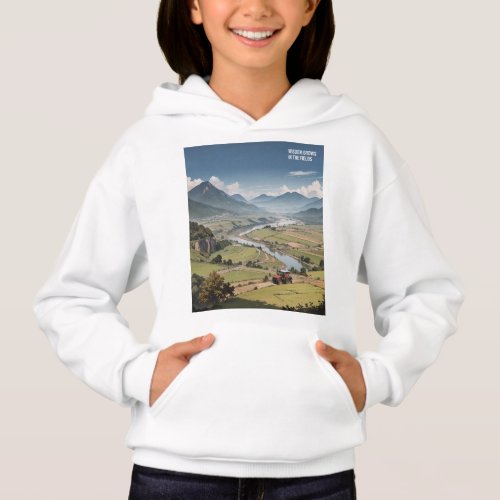 Tranquil _ Mountain Range River Farm Painting Hoodie