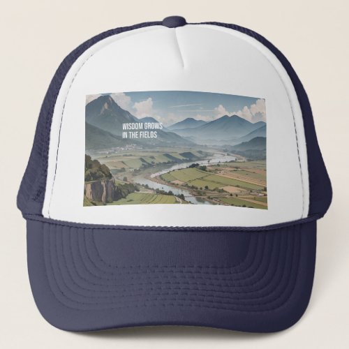 Tranquil _ Mountain Range River Farm Painting Trucker Hat