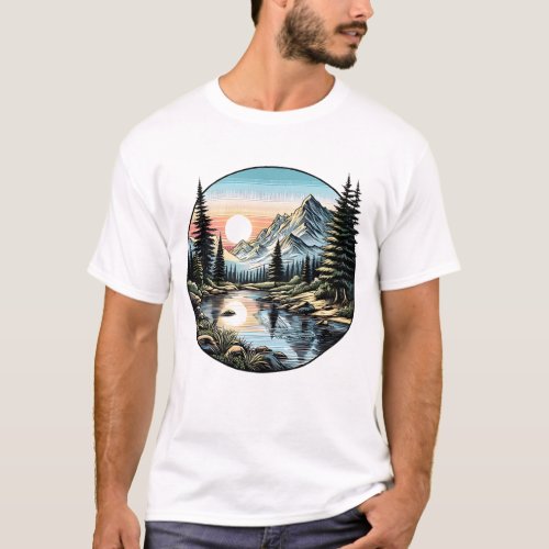Tranquil Mountain Sunrise Serene Landscape Art T_Shirt