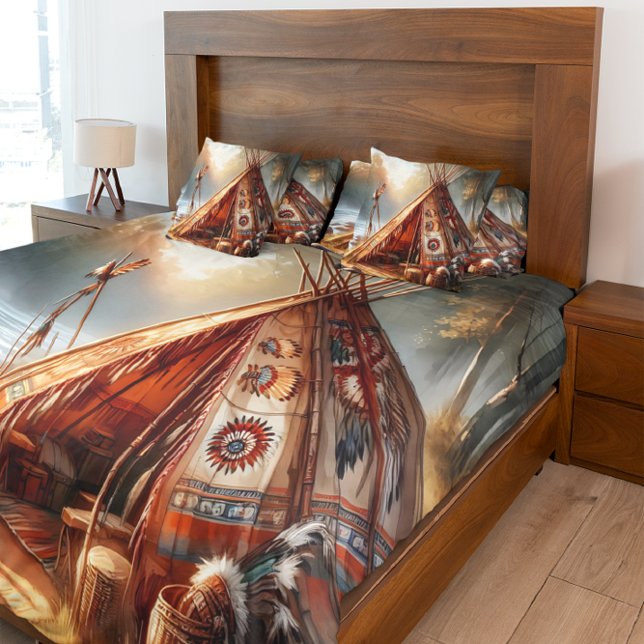 Tranquil native Indian teepee by a serene river Duvet Cover (Creator Uploaded)
