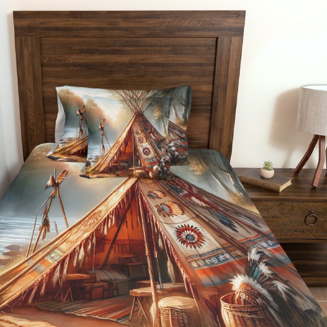 Tranquil native Indian teepee by a serene river Duvet Cover (Creator Uploaded)