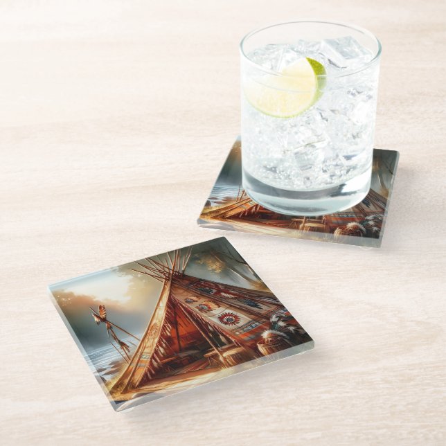 Tranquil native Indian teepee by a serene river Glass Coaster (Angled)
